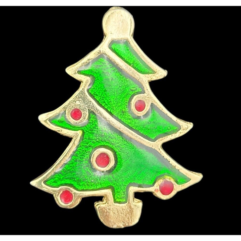Vintage Christmas Tree Lapel Pin Brooch Gold Tone Metal Enamel Green Red 1.5"
